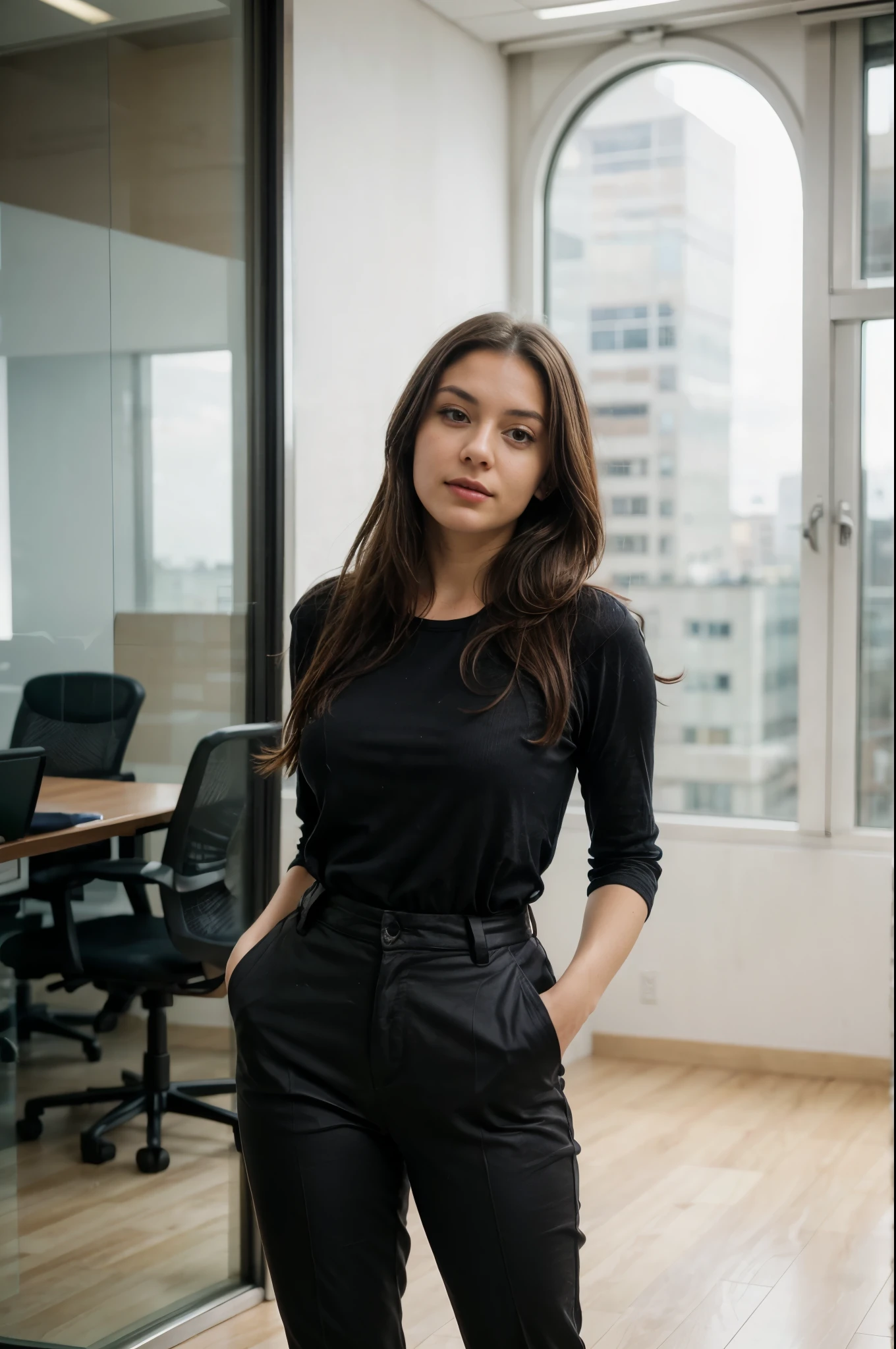 a photo of a beautiful woman, 30 years old, long beautiful hairs, dark brown hair, dark brown eyes, in a conference room,, full body, wearing white blouse with rolled up sleeves, wearing tight BLACK chino pants, the table is in the foreground, her legs are visible, the view is from 45 degrees from the side from the front, looking in the camera, red lipstic, natural light coomming from a window, there is a wann behind her, backgorund blurred, cinematic lighting, motion blur, film grain, very detailed, 30 years, dark brown eyes, high-res, masterpiece, best quality, intricate details, highly detailed, sharp focus, detailed skin, realistic skin texture, texture, detailed eyes, professional, 4k, 85mm, shallow depth of field, perfect fit body, extremely detailed, photo_\(ultra\), photorealistic, realistic, post-processing, maximum detail, roughness, real life, ultra realistic, photorealism, photography, 8k uhd, photography (grain of film) medium shot for closeup shot, longer slimer face, perfect face, HANDS ARE HIDDEN, natural legs, wearing tights, natural arms, middle size breast, charming deep eyes, flirty look. hands are hidden