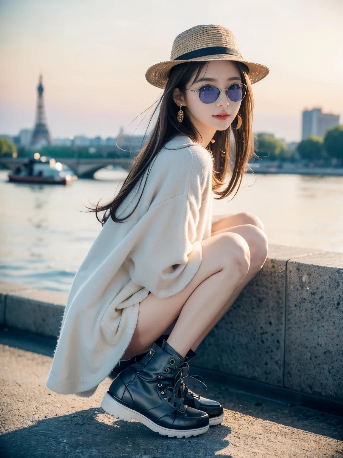 (32K,high detail,high details,High resolution,high density,solo,upon:1.3),(Realistic people,live action,detailed eye,High resolutionの目,fine eyes,Eyes that look like they are alive,beautiful dark blue eyes,fishing eye,detailed lips,clear white skin,detailed realistic face:1.3),(japanese id,korean idol,japanese model,Korean models,Korean K-POP female idol:1.2),(face is flushed,natural makeup,necklace,earrings,へそearrings:1.4)(Long skirt with cut,Colorful tops with oversized silhouettes,Large coat,leather boots,hat,Mode-based beautiful eye casual:1.6),(well-shaped chest:1.5),(Young but very beautiful Korean16 year old girl,cool eyes,smile a little,backwards,looked back,look at the camera,Fashion Leader,Fashion Model,soft skin,Unforgettable eyes,Her eyes are too beautiful,I want to go to Paris Collection............,Cutting-edge fashion:1.6),(show your whole body,Show full-body fashion,Stylish blue glasses,show thighs:1.7)