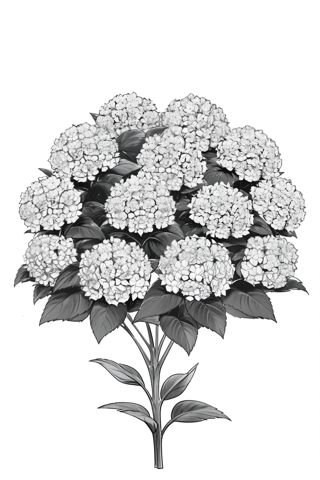 minimalistic design of 2 hydrangeas in the center of a white background, black and white