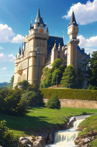A cartoon image of a large white castle with a clock tower, Madhouse Studio anime style, palace background, magical castle school on a mountain, castle scene in a comic book, milky white palace, distant royal steampunk castle, Madhouse anime style, castle setting, castle background, screenshot from an animated movie, luxurious castle, 2012 animated film screenshot, (best quality,4k,8k,highres,masterpiece:1.2), ultra-detailed, (realistic,photorealistic,photo-realistic:1.37), HDR, UHD, studio lighting, ultra-fine painting, sharp focus, physically-based rendering, extreme detail description, professional, vivid colors, bokeh, portraits, landscape.
