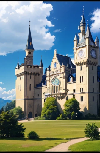A cartoon image of a large white castle with a clock tower, Madhouse Studio anime style, palace background, magical castle school on a mountain, castle scene in a comic book, milky white palace, distant royal steampunk castle, Madhouse anime style, castle setting, castle background, screenshot from an animated movie, luxurious castle, 2012 animated film screenshot, (best quality,4k,8k,highres,masterpiece:1.2), ultra-detailed, (realistic,photorealistic,photo-realistic:1.37), HDR, UHD, studio lighting, ultra-fine painting, sharp focus, physically-based rendering, extreme detail description, professional, vivid colors, bokeh, portraits, landscape.