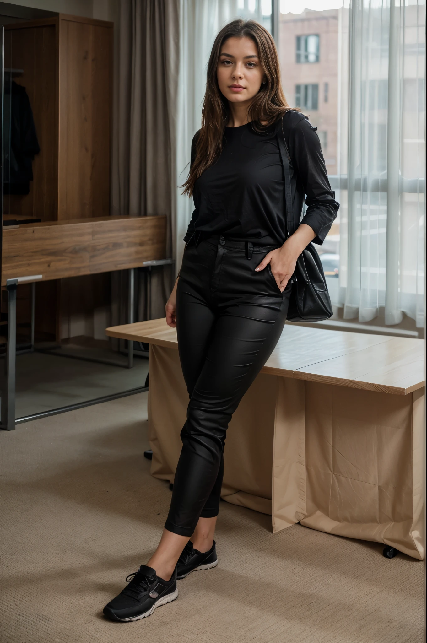 a photo of a beautiful woman, 30 years old, long beautiful hairs, dark brown hair, dark brown eyes, in a conference room,, full body, wearing white blouse with rolled up sleeves, wearing tight BLACK chino pants, the table is in the foreground, her legs are visible, the view is from 45 degrees from the side from the front, looking in the camera, red lipstic, natural light coomming from a window, there is a wann behind her, backgorund blurred, cinematic lighting, motion blur, film grain, very detailed, 30 years, dark brown eyes, high-res, masterpiece, best quality, intricate details, highly detailed, sharp focus, detailed skin, realistic skin texture, texture, detailed eyes, professional, 4k, 85mm, shallow depth of field, perfect fit body, extremely detailed, photo_\(ultra\), photorealistic, realistic, post-processing, maximum detail, roughness, real life, ultra realistic, photorealism, photography, 8k uhd, photography (grain of film) medium shot for closeup shot, longer slimer face, perfect face, HANDS ARE HIDDEN, natural legs, wearing tights, natural arms, middle size breast, charming deep eyes, flirty look. hands are hidden