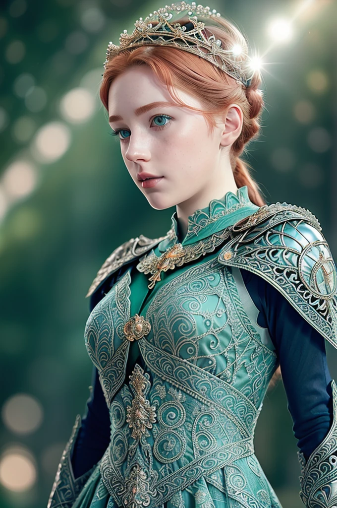 Warm light, medium shot, torso shot, beautiful pale redhead princess, intricate dress armor, bow on back, regal, dynamic pose, windblown hair, intricate crown, perfect face, (realistic eyes), round iris, blue green eyes, intricate, complex, freckles, Helios 44-2, swirly bokeh, trending on artstation