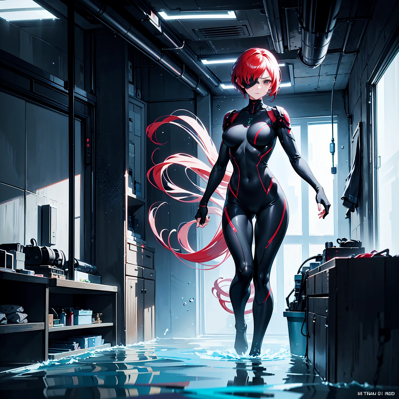 masterpiece, best quality, masterpiece, best quality, finely detail, beautiful detailed eyes, ultra detailed, extremely beautiful CG, super detailed skin, best quality, intricate, {{high quality}}, extra colors, 2D, megapixel, perfectionism, accent lighting, full HD, 4K, villain, dark heroine, 1girl, full body, 1girl, solo female, mature female, full body, contrapposto, resident evil laboratory, metal gear solid v, metroid underwater level, collarbone, red hair, red eyes, short hair, beautiful detailed eyes, weird red hair, short red hair, evil, medium_breasts, best quality, beautifully detailed face, ray tracing, DOF,HDR, thighhighs, fingerless_gloves, skintight clothe, fully clothed, gloves, (eye patch on left eyes:1,2 ), sneaking_suit, tactical gear, tactical uniform, camouflage bodysuit, skintight bodysuit, sneaking_suit, tactical gear, full clothed, indoors, horror movie ambience, character scale for the background, underwater ambience background, science fiction background, indoor, underwater base background, glowing, underwater base, deep water, official art, water infiltration, deep water through window, Pipeline under water, science fiction laboratory, underwater science fiction laboratory background, low water level on ground, corridor, submarine interior,