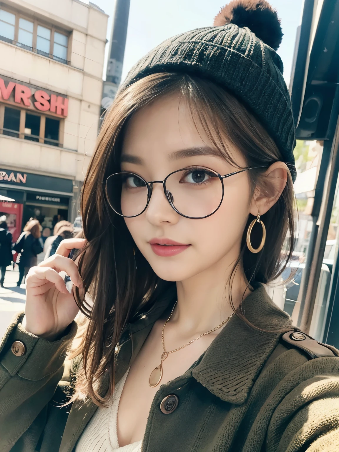 (32K,high detail,high details,High resolution,high density,solo,upon:1.3),(Realistic people,live action,detailed eye,High resolutionの目,fine eyes,Eyes that look like they are alive,beautiful dark blue eyes,fishing eye,detailed lips,clear white skin,detailed realistic face:1.3),(japanese id,korean idol,japanese model,Korean models,Korean K-Pop Female Idols:1.2),(face is flushed,natural makeup,necklace,earrings,へそearrings:1.4)(Military Cargo Pants,Colorful tops with oversized silhouettes,Large Coat,leather boots,Knitted hats,Mode-based beautiful eye casual:1.6),(well-shaped chest:1.5),(Young but very beautiful Korean16 old girl,cool eyes,smile a little,backwards,looked back,look at the camera,Fashion Leader,Fashion Model,soft skin,Unforgettable eyes,Her eyes are too beautiful,I want to go to Paris Collection...,Cutting-edge fashion:1.6),(show your whole body,Show full-body fashion,Stylish blue glasses:1.7)