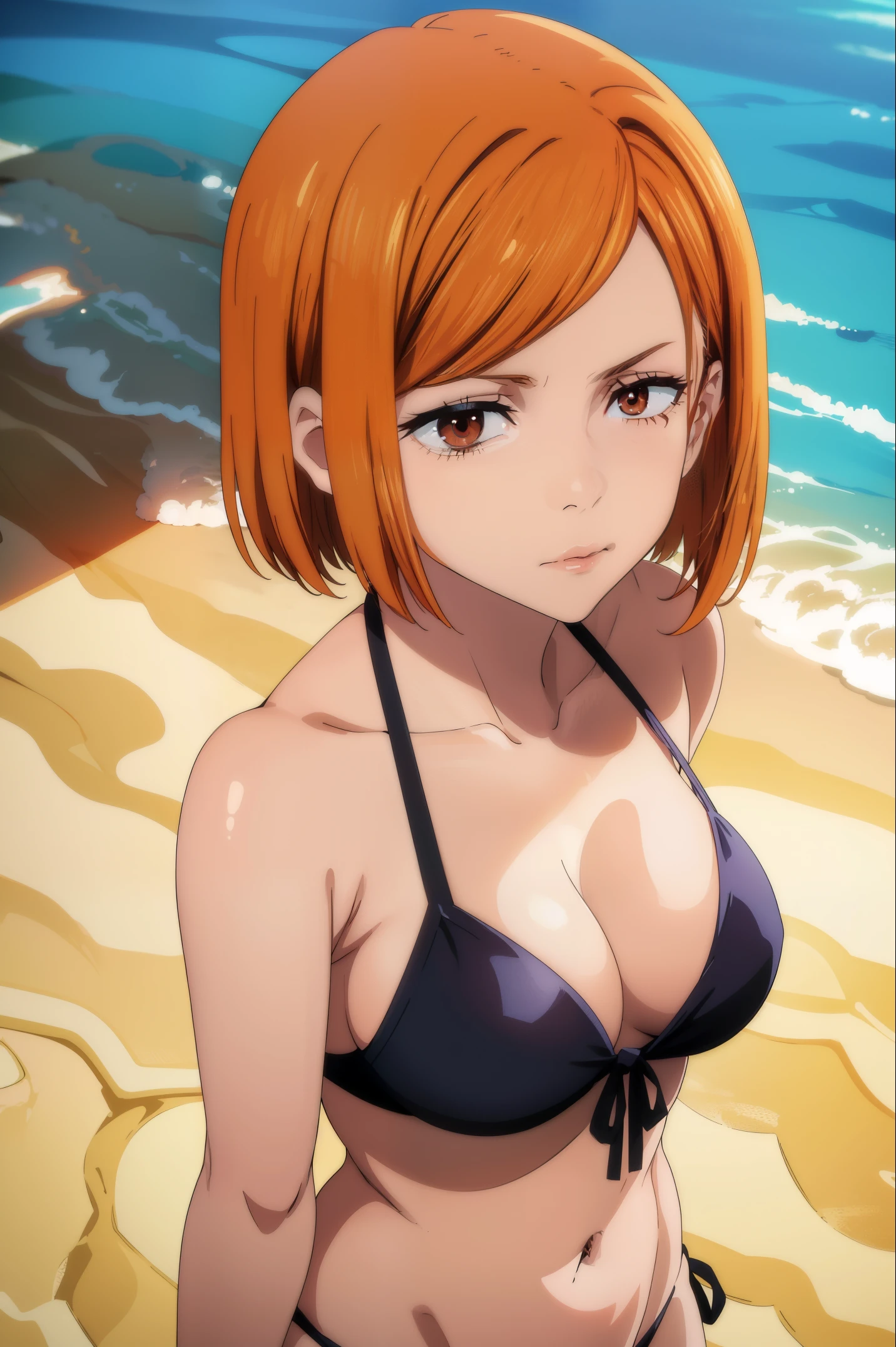 (masterpiece), (best quality), (ultra-detailed), (best illustration), (best shadow), (absurdres), nobarakugisakinova, short hair, orange hair, ((brown eyes)), kugisaki nobara, (bikini), 1girl, solo, bangs, closed mouth, looking at viewer, upper body, beach