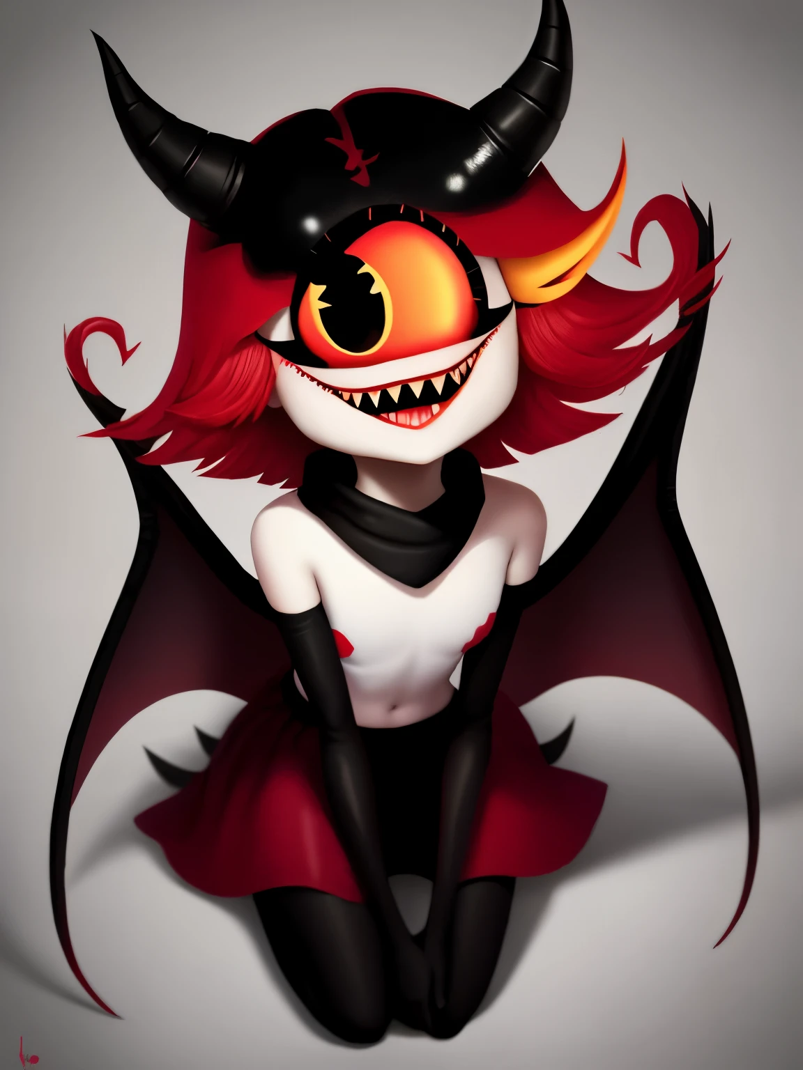 a devil with a huge head, slender body, a single eye, body covered in black fabric, elongated fingers, extremely large mouth with sharp white fangs, two small horns on the head and small wings next to them, one-eyed evil look, hellish background