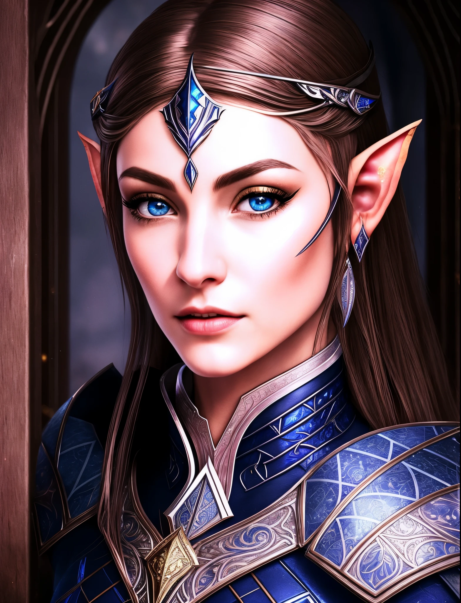 a close up of a woman with a blue and silver costume, elven character with smirk, beautiful male elf, side portrait of elven royalty, portrait of an elf queen, female elf, portrait of an elven warrior, portrait female elf wizard, beautiful and elegant female elf, elven, a portrait of an elf, a portrait of a male elf