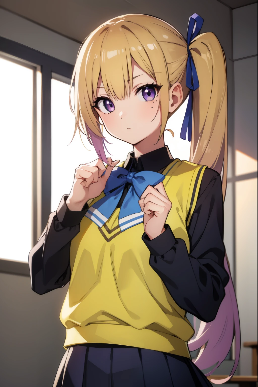 maikawakami, mai kawakami, blonde hair, hair ribbon, long hair, mole, mole under eye, ribbon, side ponytail, (purple eyes:1.2),
BREAK school uniform, skirt, vest, yellow vest,
BREAK indoors, classroom,
BREAK looking at viewer,
BREAK (masterpiece:1.2), best quality, high resolution, unity 8k wallpaper, (illustration:0.8), (beautiful detailed eyes:1.6), extremely detailed face, perfect lighting, extremely detailed CG, (perfect hands, perfect anatomy),