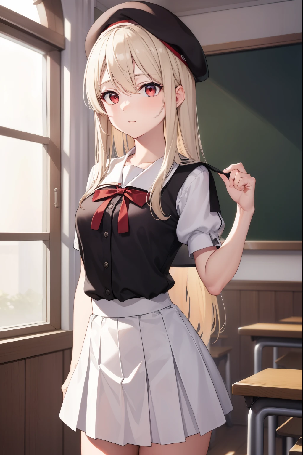 illyasvielvoneinzbern, illyasviel von einzbern, blonde hair, hair between eyes, long hair, (red eyes:1.5),
BREAK beret, black skirt, brown footwear, collared shirt, hat, homurahara academy school uniform, kneehighs, loafers, pleated skirt, puffy short sleeves, puffy sleeves, red ribbon, ribbon, school uniform, shirt, shoes, short sleeves, skirt, socks, white headwear, (white shirt:1.5), white socks,
BREAK indoors, classroom,
BREAK looking at viewer, (cowboy shot:1.5),
BREAK (masterpiece:1.2), best quality, high resolution, unity 8k wallpaper, (illustration:0.8), (beautiful detailed eyes:1.6), extremely detailed face, perfect lighting, extremely detailed CG, (perfect hands, perfect anatomy),