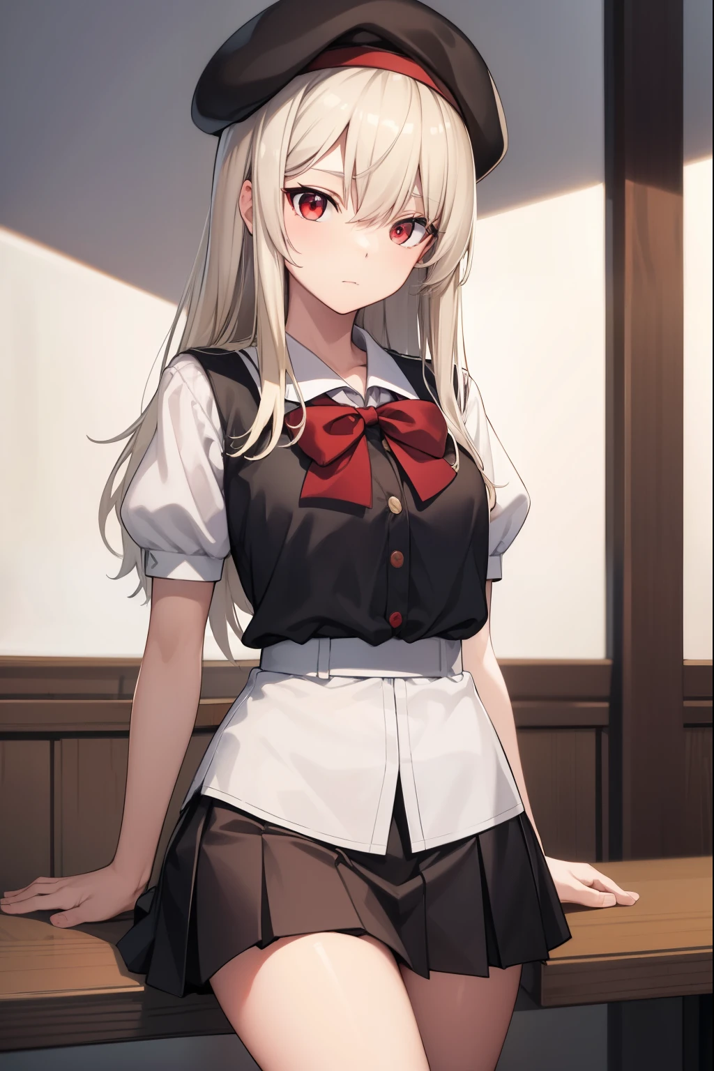 illyasvielvoneinzbern, illyasviel von einzbern, blonde hair, hair between eyes, long hair, (red eyes:1.5),
BREAK beret, black skirt, brown footwear, collared shirt, hat, homurahara academy school uniform, kneehighs, loafers, pleated skirt, puffy short sleeves, puffy sleeves, red ribbon, ribbon, school uniform, shirt, shoes, short sleeves, skirt, socks, white headwear, (white shirt:1.5), white socks,
BREAK indoors, classroom,
BREAK looking at viewer, (cowboy shot:1.5),
BREAK (masterpiece:1.2), best quality, high resolution, unity 8k wallpaper, (illustration:0.8), (beautiful detailed eyes:1.6), extremely detailed face, perfect lighting, extremely detailed CG, (perfect hands, perfect anatomy),