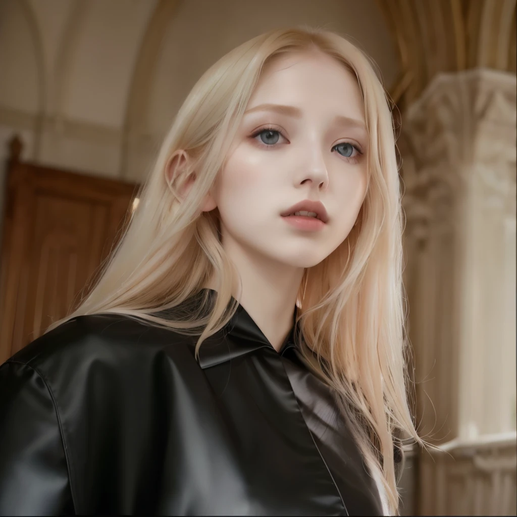 Mujer rubia con pelo largo con una chaqueta de cuero negro, con pale skin, very very pale blonde hair, pale skin y brillante, extremely pale blonde hair, pale skin cabello rubio rizado, pale skin y clara!!, pale skin marfil, con pelo largo y rubio, una chica con cabello rubio, anna nikonova aka new milkmaid, pale skin, suave e impecable, soft pale golden skin, IVE Jang Wonyoung 