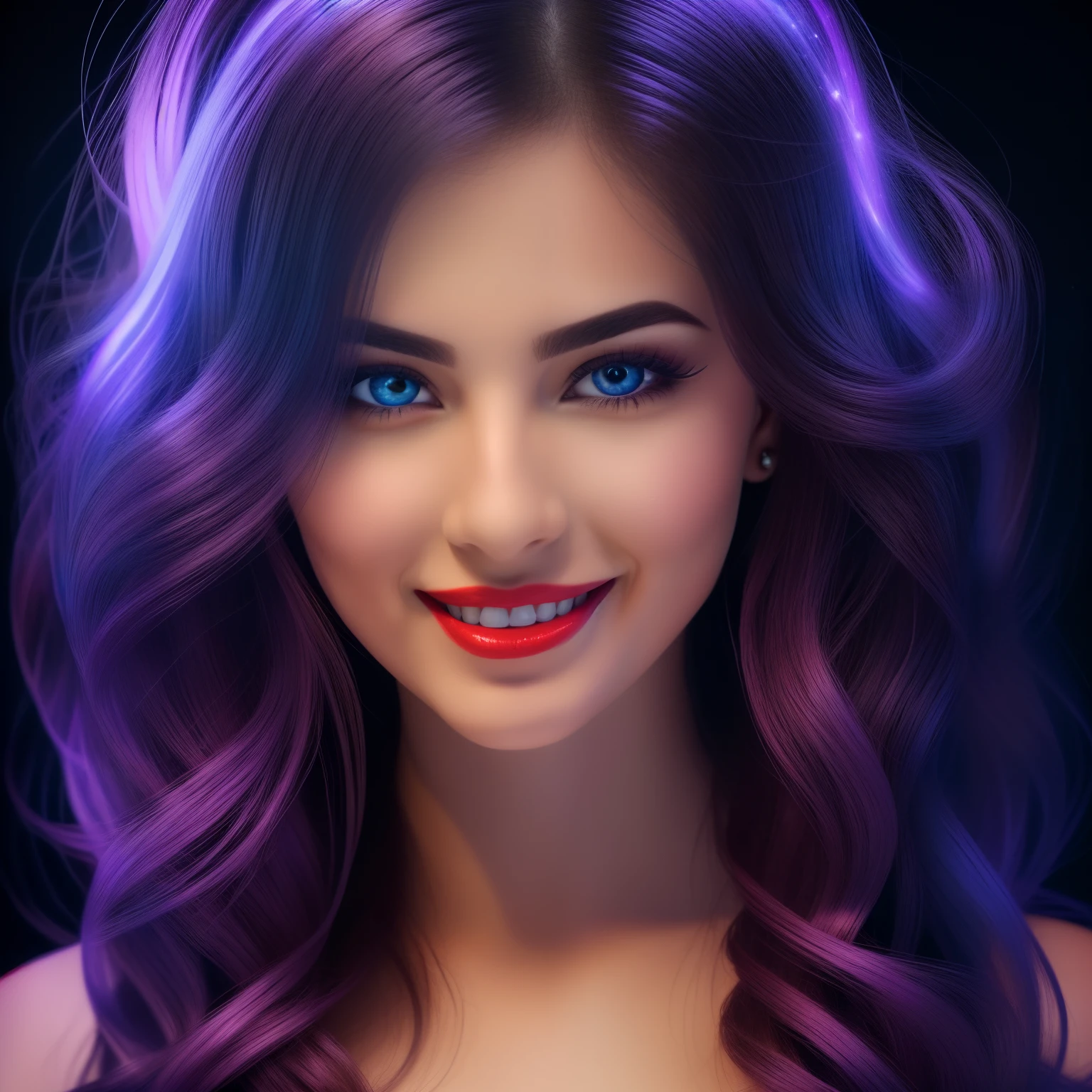 best quality, close-up, 8k, 30-year-old woman, long flowing black hair, mesmerizing blue eyes, luscious red lips, coy smile, wearing silky purple dress, alluring, sexy, hourglass figure, looking at viewer, wanting a kiss, cosmic background with bioluminescent light, facing viewer, highly detailed face