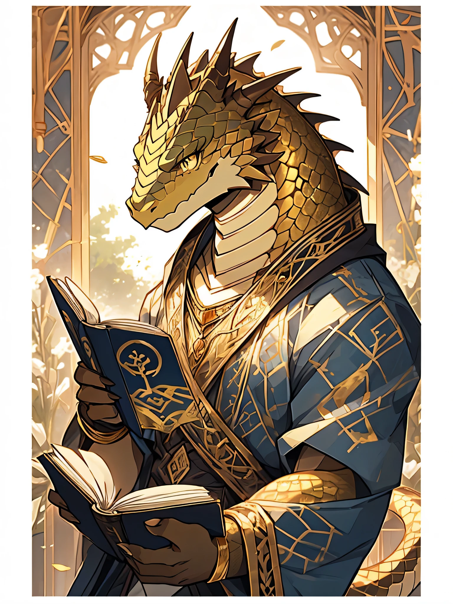 lizard, alone, Vertical pupil,Eye, (elongated), Slim, (Eye anthro snake:1.3), (The body has golden scales:1.4), white belly, (beast wild:1.4), scaly, 细致的Eye, snake tail, ((portrait)), , (细致的Eye, 金Eye睛:1.1), he is a young prince, read a book, The art of mathematics, masterpiece, anime style.
