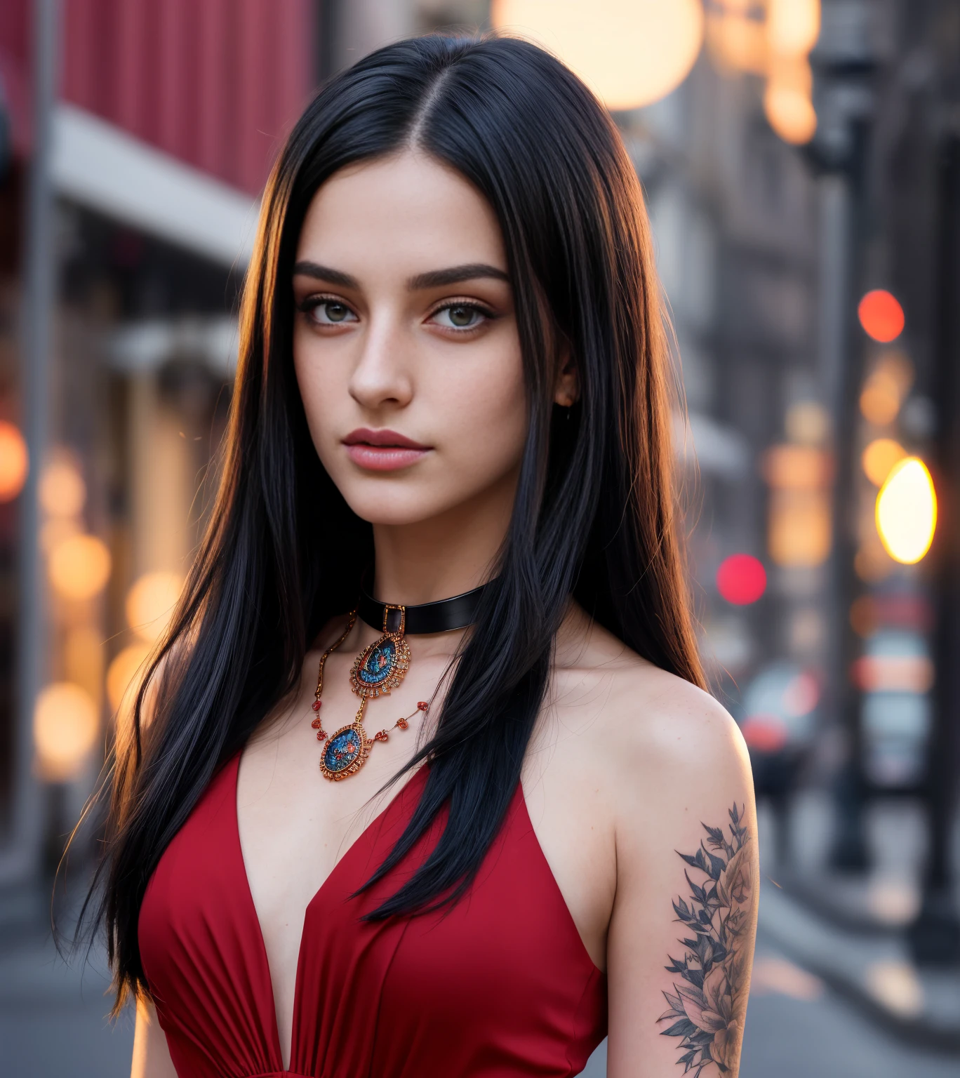 dramatic lighting, long black hair girl , detailed face, detailed nose, detailed necklace wearing red sexy dress ,blue stockings, freckles, collar , tattoo, extremely detailed symmetric hazel eyes with circular iris , tall walking down the street, sunset ,realism,realistic {\displaystyle \varphi ={\frac {1+{\sqrt {5}}}{2}}\approx 1{,}6180339887.}