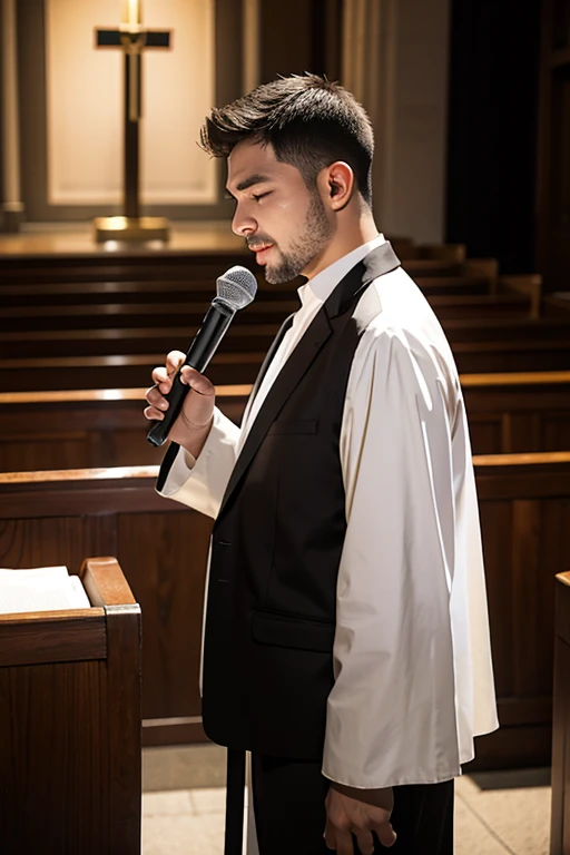  evangelical pastor DRESSED IN CLOTHES, SEGURANDO UM MICROFONE, AJOELHADO, CHORANDO, DENTRO DE UMA IGREJA COM UM ALTAR.
