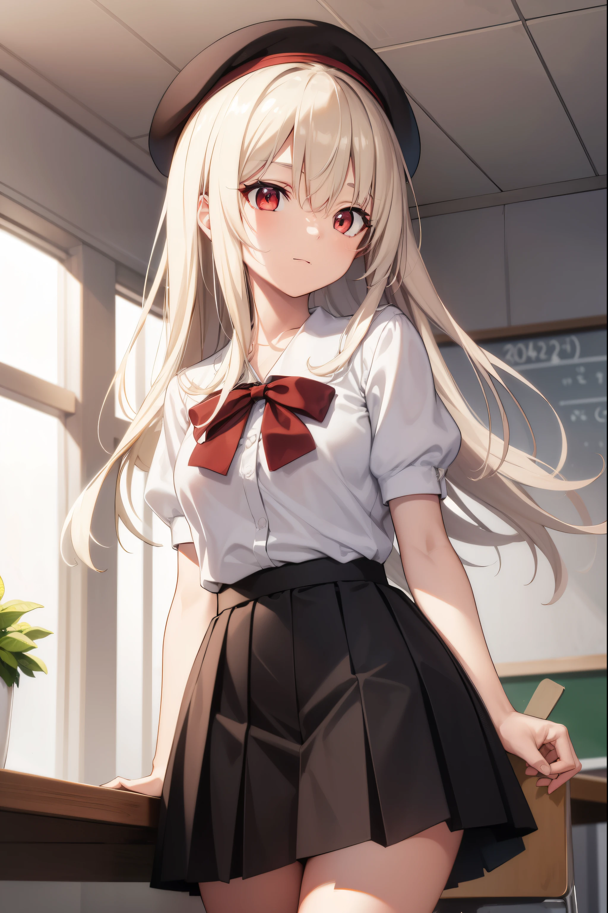 illyasvielvoneinzbern, illyasviel von einzbern, blonde hair, hair between eyes, long hair, (red eyes:1.5),
BREAK beret, black skirt, brown footwear, collared shirt, hat, homurahara academy school uniform, kneehighs, loafers, pleated skirt, puffy short sleeves, puffy sleeves, red ribbon, ribbon, school uniform, shirt, shoes, short sleeves, skirt, socks, white headwear, (white shirt:1.5), white socks,
BREAK indoors, classroom,
BREAK looking at viewer, (cowboy shot:1.5),
BREAK (masterpiece:1.2), best quality, high resolution, unity 8k wallpaper, (illustration:0.8), (beautiful detailed eyes:1.6), extremely detailed face, perfect lighting, extremely detailed CG, (perfect hands, perfect anatomy),