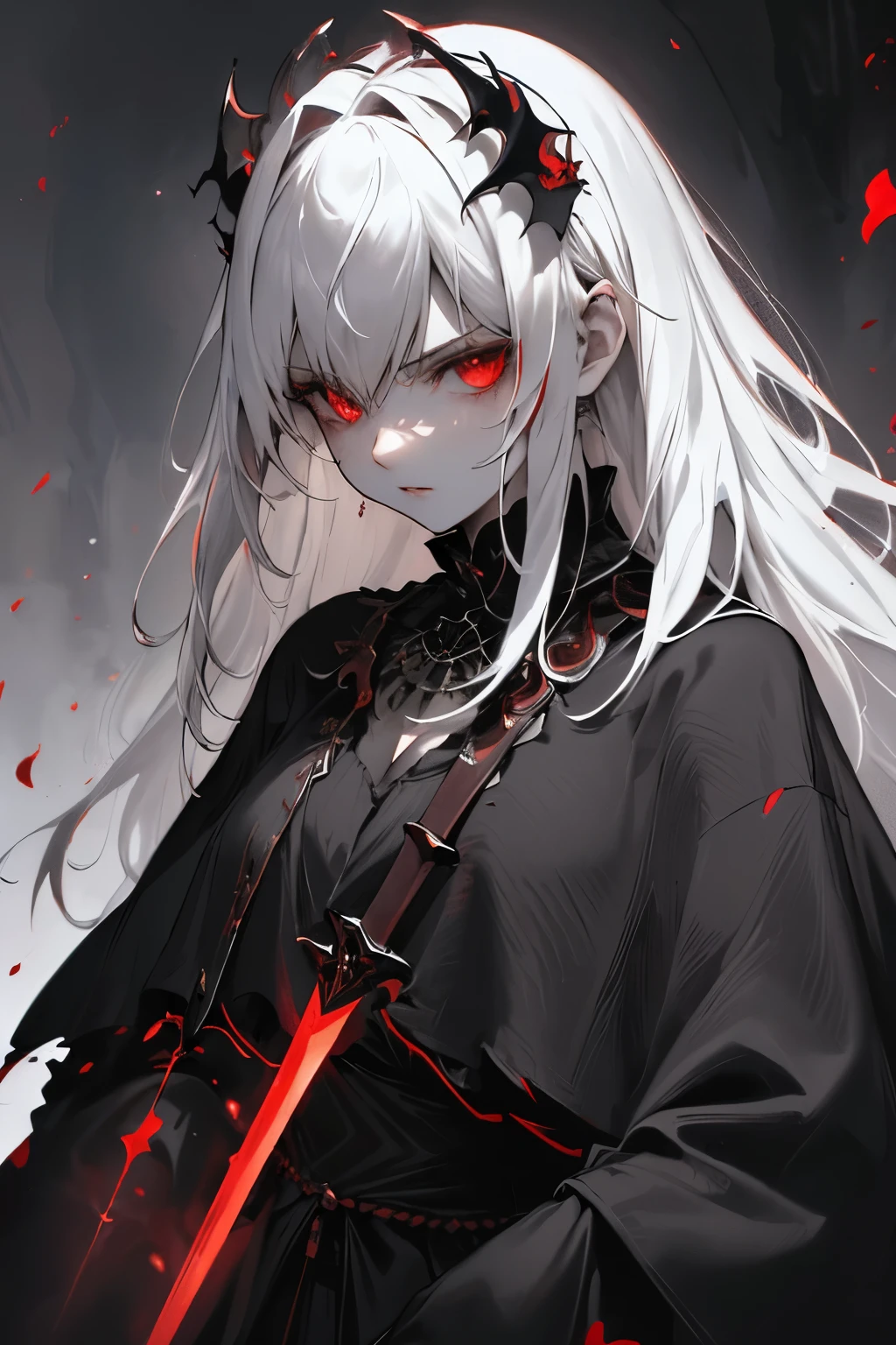 Red with sword，cloak，vampire，Full body close-up，Powerful aura，masterpiece, best quality, best quality,Astonishing,beautiful red eye,fine details,depth of field,Extremely detailed CG unified 8k wallpaper, masterpiece,(((dark white hair))),shrine maiden,(shadowy mist),{flowing hair},{thick skull},(Ruins of beautiful details),{Character close-up},{{{smooth skin}}},(((Upper body))),(The skin is smooth and shiny),(Smooth face、Radiant hair),perfect details,Beautifully gorgeous necklace,,