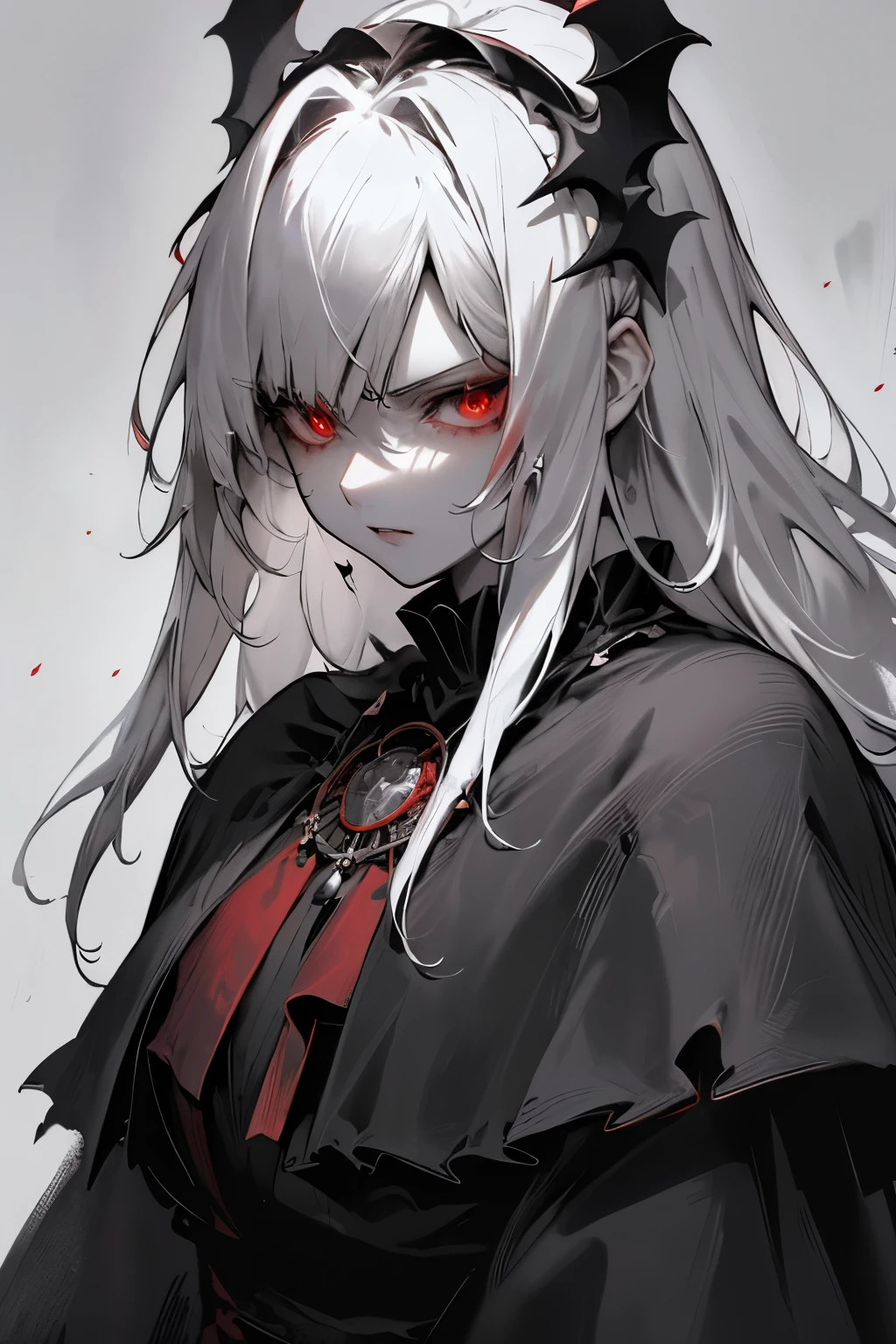Red with sword,cloak,vampire,Full body close-up,Powerful aura,masterpiece, best quality, best quality,Astonishing,beautiful red eye,fine details,depth of field,Extremely detailed CG unified 8k wallpaper, masterpiece,(((dark white hair))),shrine maiden,(shadowy mist),{flowing hair},{thick skull},(Ruins of beautiful details),{Character close-up},{{{smooth skin}}},(((Upper body))),(The skin is smooth and shiny),(Smooth face、Radiant hair),perfect details,Beautifully gorgeous necklace,,