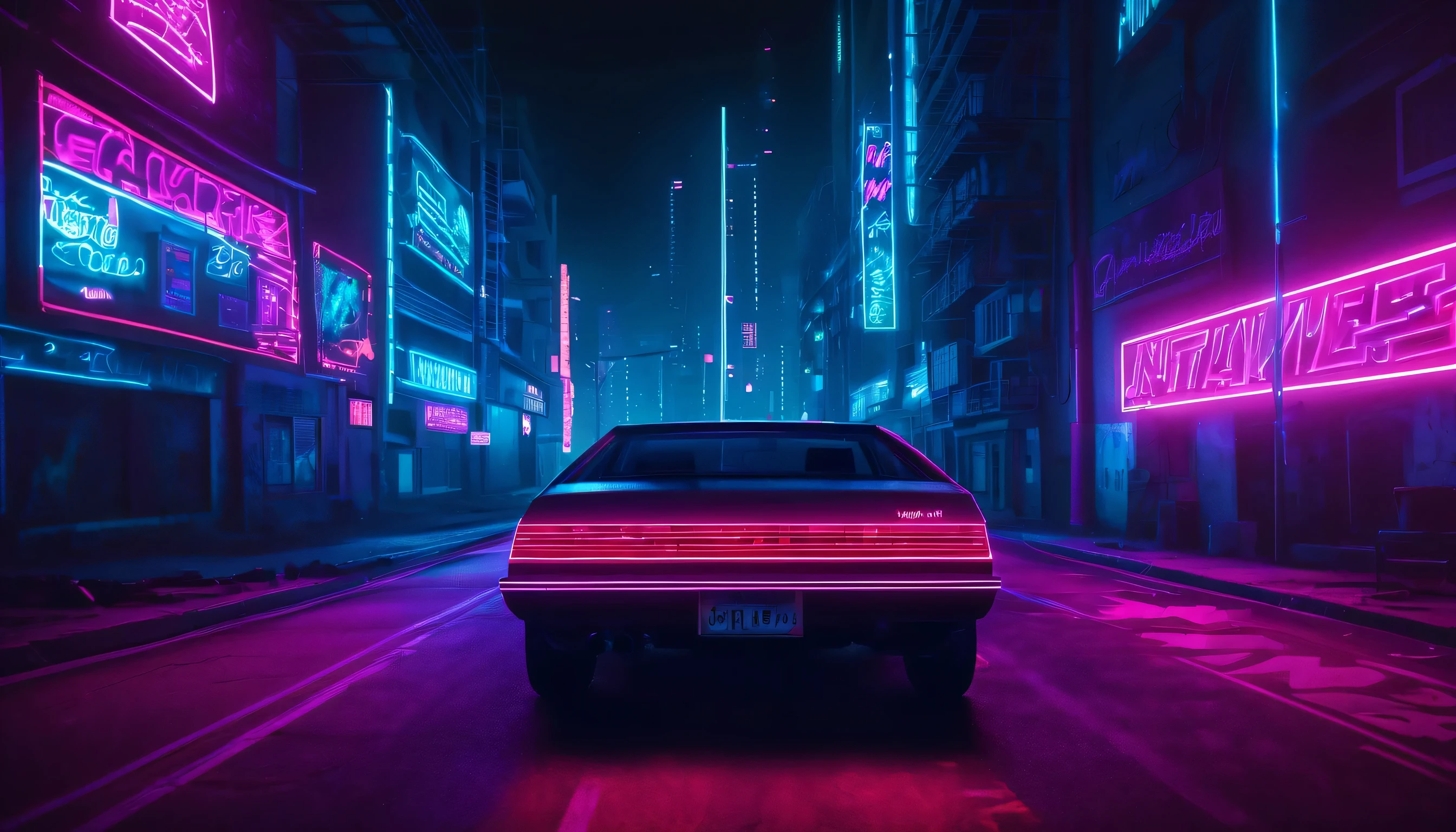 escena ynthwave y synthpop, A vehicle driving through the city streets at night., neon lights illuminating the way, nostalgic essence of the 80's, estilo ciberpunk. Aspect Ratio 16:9