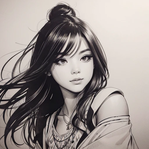 ink drawing of a girl, no background
