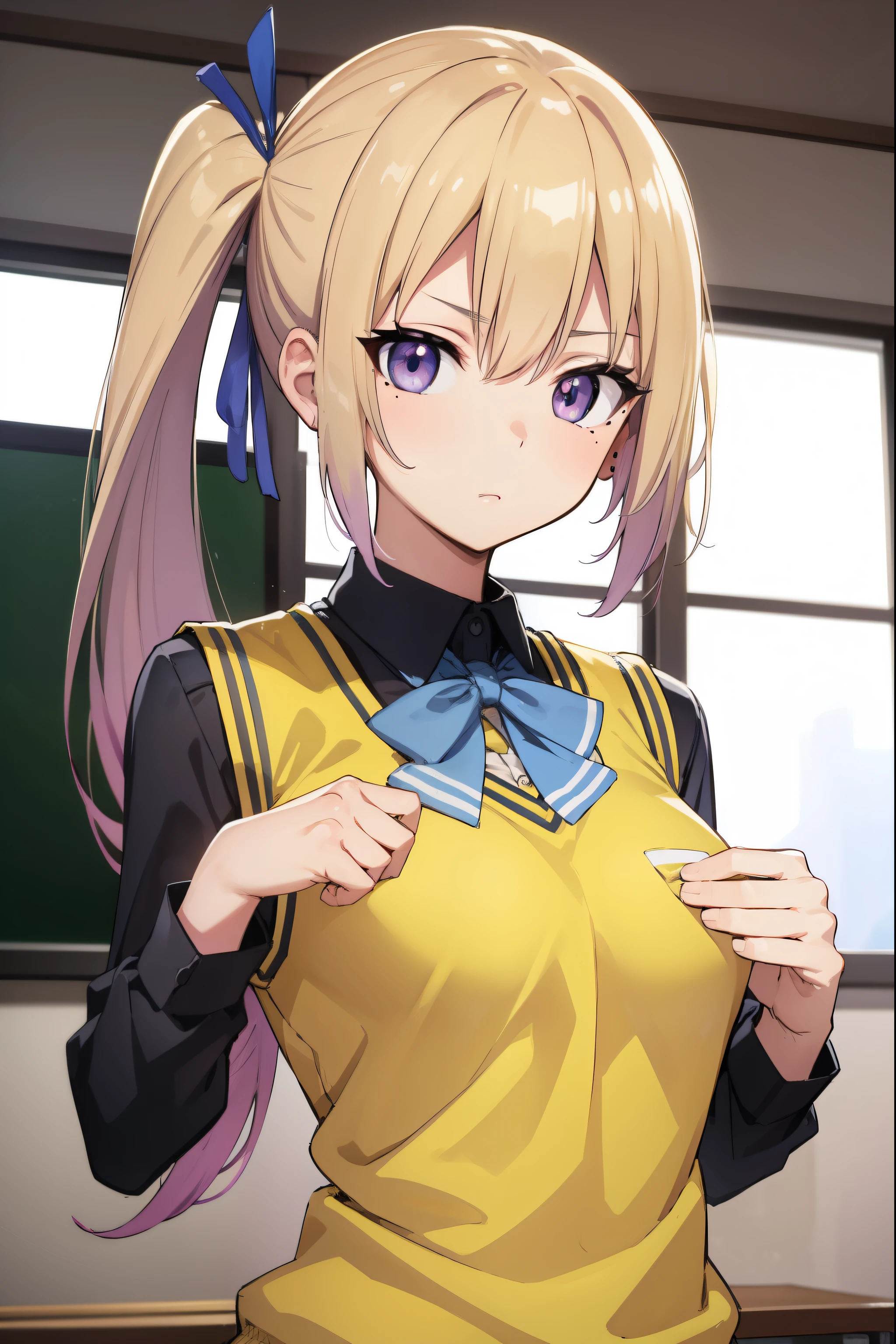 maikawakami, mai kawakami, blonde hair, hair ribbon, long hair, mole, mole under eye, ribbon, side ponytail, (purple eyes:1.2),
BREAK school uniform, skirt, vest, yellow vest,
BREAK indoors, classroom,
BREAK looking at viewer,
BREAK (masterpiece:1.2), best quality, high resolution, unity 8k wallpaper, (illustration:0.8), (beautiful detailed eyes:1.6), extremely detailed face, perfect lighting, extremely detailed CG, (perfect hands, perfect anatomy),