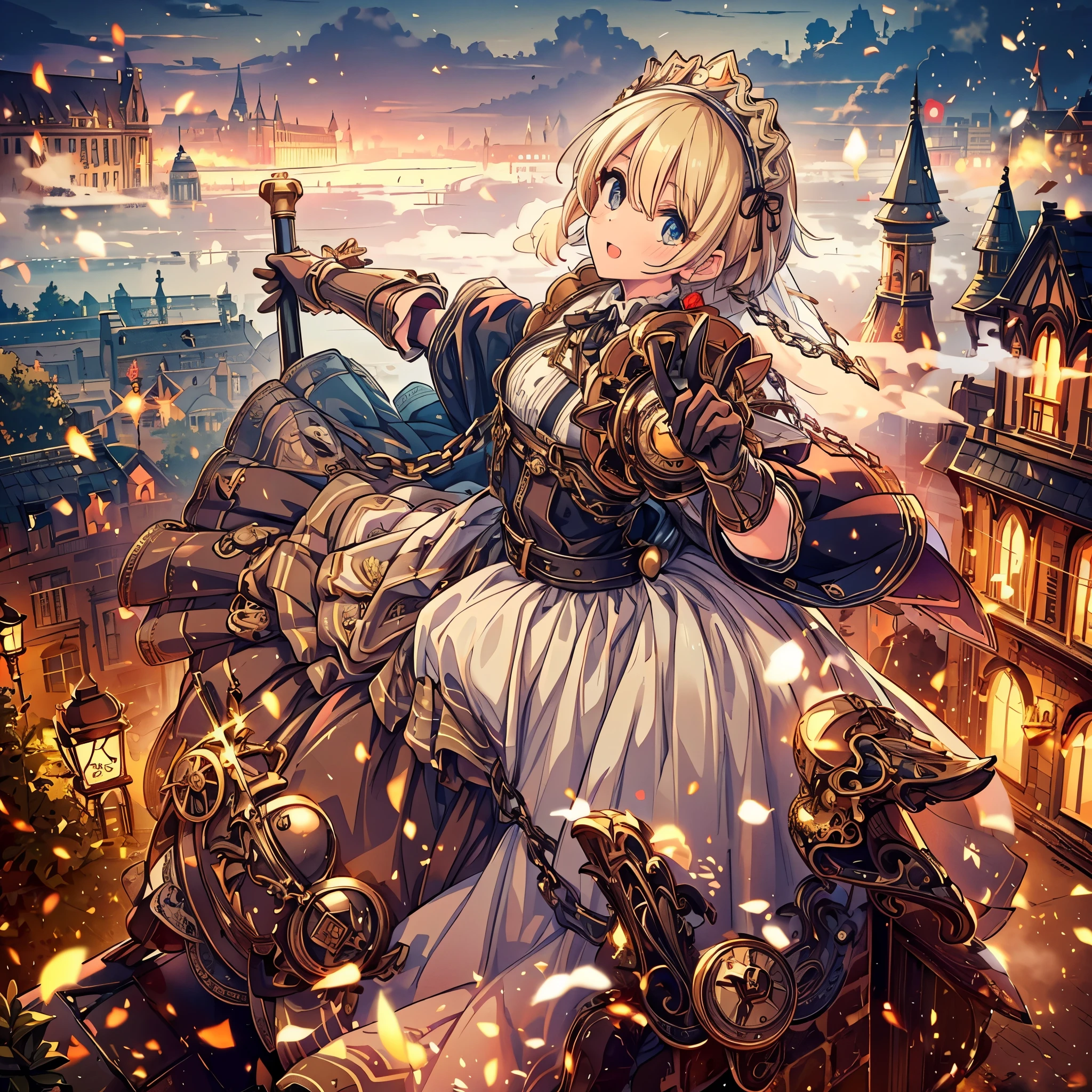 (masterpiece), best quality, expressive eyes, perfect face, ((perfect anatomy, best hands)), 1girl, (solo:1.5), a maid in steampunk style on the top of stairs, fighting stance holding a mop and bucket , (mop, bucket, blond, gear,dial, boots, (white_apron:1.3),(maid headdress:1.3), black_dress,steampunk, gloves, belt puch, boots, suspenders, chain), (outdoors:1.5),London,street,Victorian era,(fog:1.5,steam:1),orange_sky,city view,(from_above:1),VictorianPunkAI