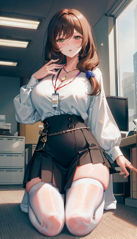 clerk uniform, cute round face, name plate, ID card, pantyhose, pubic hair, close up crotch, lean to hit her crotch on counter edge, open legs, raise leg, open mouth, masturbation, ecstasy face, in the mall, glasses,