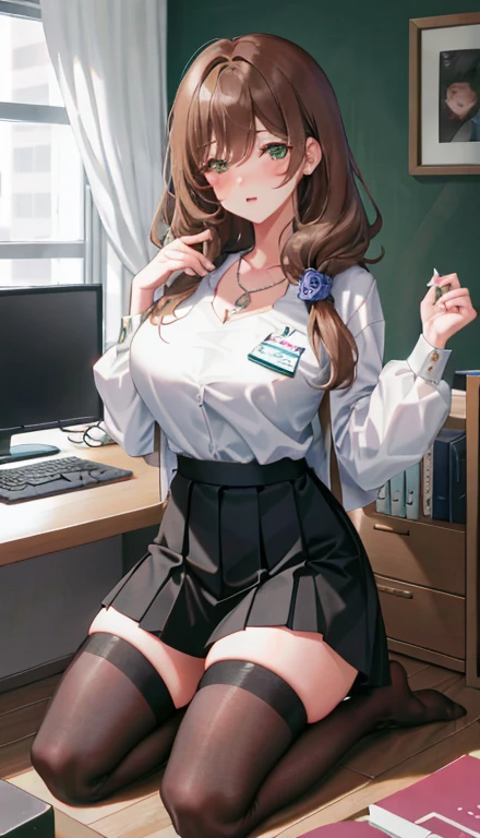 Lisa, genshin impact, 1 girl, alone, ((white shirt)), black Thighhighs, huge breasts, cleavage, uniform, office background, black skirt, pleated skirt, office, hair between eyes, messy hair, large chest, long hair, looking at the viewer, brown hair, red short nails, green eyes, alone, Thighhighs, thighs, very long hair, ((masterpiece)), sitting, Chair, machine, computer on machine, name tag, id tag, indoor, blush, adult woman, open your mouth, close one eye, emphasize the chest, (kneeling pose), zettai_ryouiki,