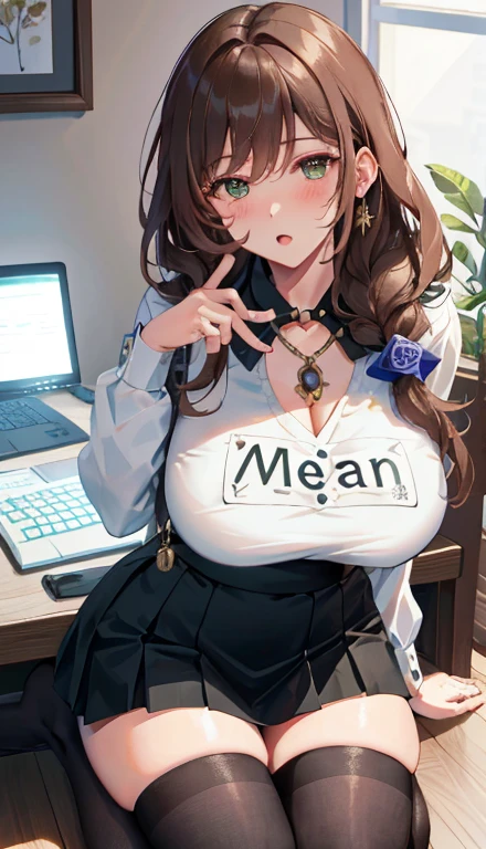 Lisa, genshin impact, 1 girl, alone, ((white shirt)), black Thighhighs, huge breasts, cleavage, uniform, office background, black skirt, pleated skirt, office, hair between eyes, messy hair, large chest, long hair, looking at the viewer, brown hair, red short nails, green eyes, alone, Thighhighs, thighs, very long hair, ((masterpiece)), sitting, Chair, machine, computer on machine, name tag, id tag, indoor, blush, adult woman, open your mouth, close one eye, emphasize the chest, (kneeling pose),