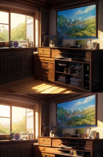 On the shelf of the room, there are two flower vases, a screenshot from 2019 animation, a screenshot from 2012 animation, a screenshot from an animated film, today's recommended anime, sunlight in the afternoon, official studio animation stills, anime scenery, anime screenshot, opening scene, morning sun, static image from an anime, magical atmosphere + masterpiece.

(best quality,4k,8k,highres,masterpiece:1.2), ultra-detailed, (realistic,photorealistic,photo-realistic:1.37), HDR, UHD, studio lighting, ultra-fine painting, sharp focus, physically-based rendering, extreme detail description, professional, vivid colors, bokeh, portraits, landscape.