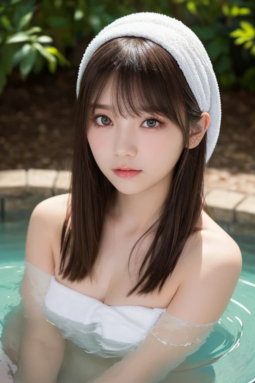 masterpiece, best quality, a girl, (a beautiful girl:1.3), (16 years old:1.3), Very fine eye clarity, (symmetrical eyes:1.3), (hot spring), (nude, bath towel:1.2), beautiful , brown eyes, parted bangs, brown hair, (Eye and facial details:1.1)