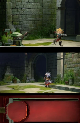 Cartoon character standing in dark room with stone wall, Chrono trigger Guilty Gear style, in dungeon background, cutscene clip, 动画screenshot, Practice sword posture, 黑色四叶草screenshot, background with: battle scene, screenshot, Mushoku Tensei, Random background scene, kinematics, Soul Eater, confrontation in duel
