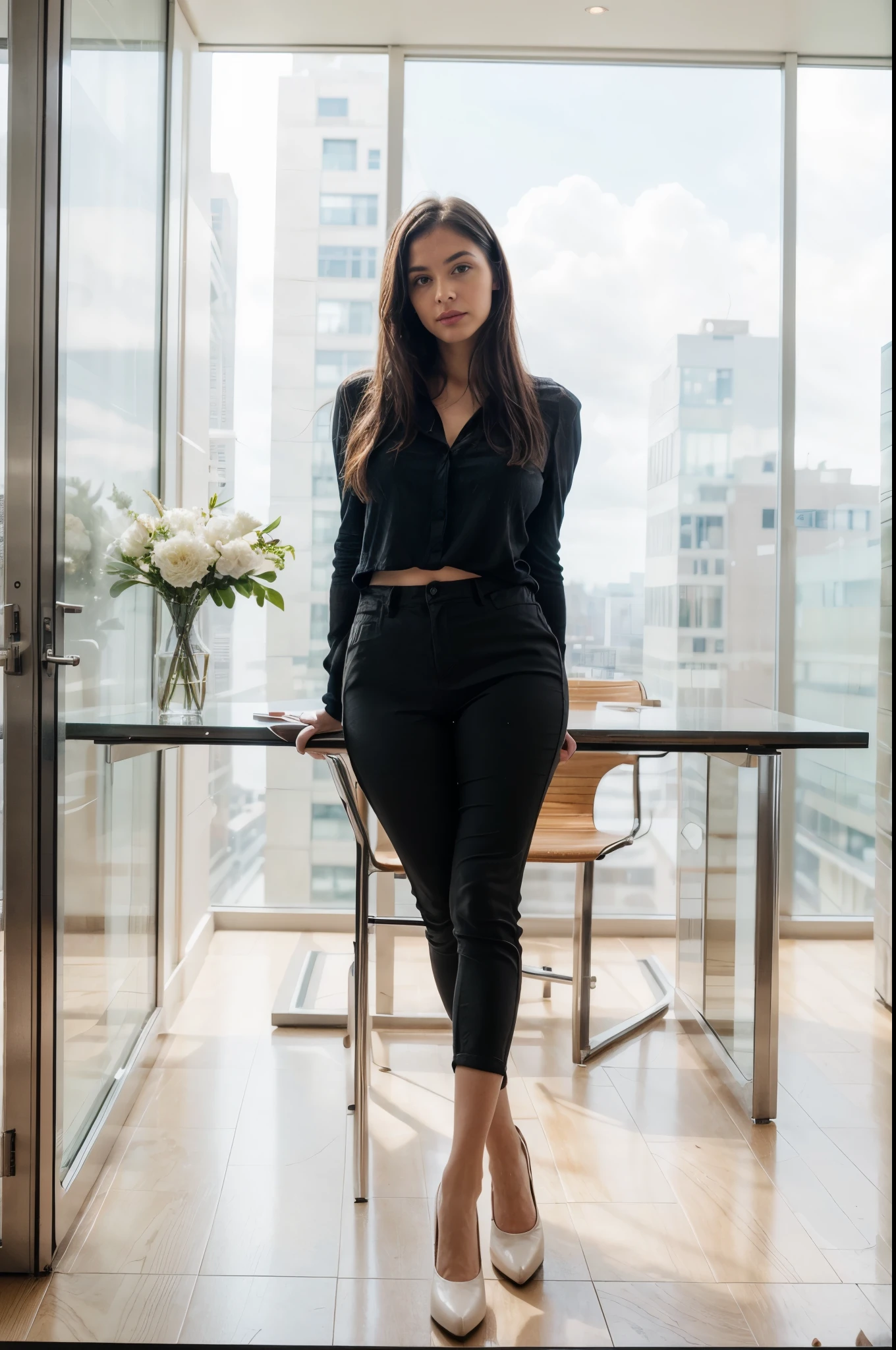 a photo of a beautiful woman, 30 years old, long beautiful hairs, dark brown hair, dark brown eyes, in a conference room,, full body, wearing white blouse with rolled up sleeves, wearing tight BLACK chino pants, the table is in the foreground, her legs are visible, the view is from 45 degrees from the side from the front, looking in the camera, red lipstic, natural light coomming from a window, there is a wann behind her, backgorund blurred, cinematic lighting, motion blur, film grain, very detailed, 30 years, dark brown eyes, high-res, masterpiece, best quality, intricate details, highly detailed, sharp focus, detailed skin, realistic skin texture, texture, detailed eyes, professional, 4k, 85mm, shallow depth of field, perfect fit body, extremely detailed, photo_\(ultra\), photorealistic, realistic, post-processing, maximum detail, roughness, real life, ultra realistic, photorealism, photography, 8k uhd, photography (grain of film) medium shot for closeup shot, longer slimer face, perfect face, HANDS ARE HIDDEN, natural legs, wearing tights, natural arms, middle size breast, charming deep eyes, flirty look. hands are hidden, UHD, masterpiece, high resolution, super realistic