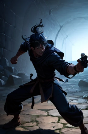 A cartoon character standing in a dark room with a stone wall, Sinister-Gear-style trigger mechanism, dungeon background, cutscene animation, screenshot from an animated movie, practicing sword moves, screenshot from Black Clover, background with a battle scene, screenshot, reincarnation of martial arts and eating, random background scene, kinematics, Soul Eater, confrontation in a duel, (best quality, 4k, 8k, high-res, masterpiece:1.2), ultra-detailed, (realistic, photorealistic, photo-realistic:1.37), HDR, UHD, studio lighting, ultra-fine painting, sharp focus, physically-based rendering, extreme detail description, professional, vivid colors, bokeh, portraits, landscape, horror, anime, sci-fi, photography, concept artists, color tone, dramatic lighting.