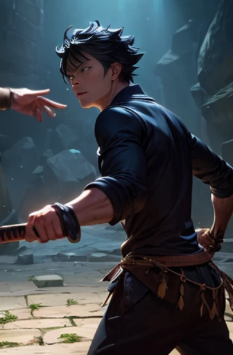 A cartoon character standing in a dark room with a stone wall, Sinister-Gear-style trigger mechanism, dungeon background, cutscene animation, screenshot from an animated movie, practicing sword moves, screenshot from Black Clover, background with a battle scene, screenshot, reincarnation of martial arts and eating, random background scene, kinematics, Soul Eater, confrontation in a duel, (best quality, 4k, 8k, high-res, masterpiece:1.2), ultra-detailed, (realistic, photorealistic, photo-realistic:1.37), HDR, UHD, studio lighting, ultra-fine painting, sharp focus, physically-based rendering, extreme detail description, professional, vivid colors, bokeh, portraits, landscape, horror, anime, sci-fi, photography, concept artists, color tone, dramatic lighting.