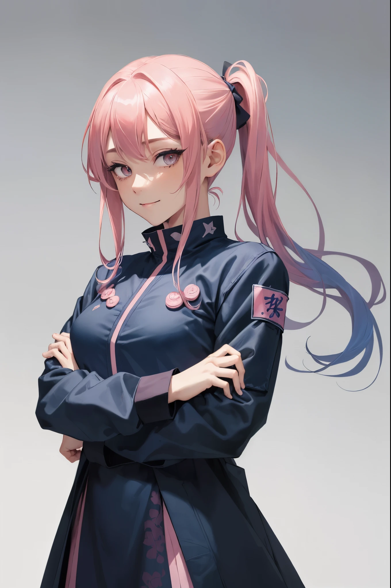((masterpiece, best quality ,highest quality, illustration, intricate details)), 1girl, straight posture, Pink hair, (loose twintail hair), Looking at the camera, ((Jujutsu sorcerer uniform from jujutsu kaisen)), (jacket long sleeves), ((dark blue)), (smiling1:1), mature