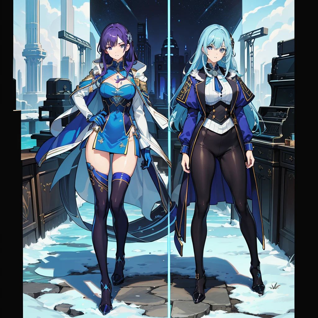 11:23(((Best quality at best: 1.4))),(Unbeatable masterpiece), (hyper HD),(Hyper-realistic 8k CG)、(one hand on hip gesture),(lightblue hair) ((( body))), (((1 girl in))), 25-year-old American soldier with perfect body,,Beautiful and well-groomed face,muscular body:1.2,Solid royal blue jacket with details, (Pictures from head to thighs), Complex equipment, purpleish color,long trousers,The clothes inside are dark,Clothes with armored metal electronic parts, Poison tattoos )