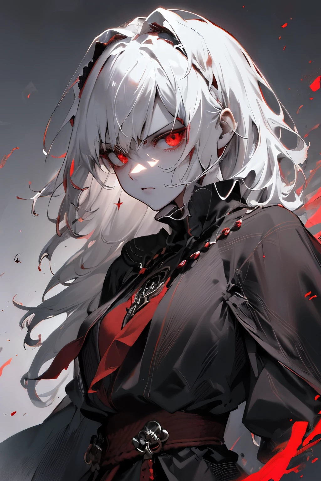 Red with sword，cloak，vampire，draw sword，whole body特写，Powerful aura，masterpiece, best quality, best quality,Astonishing,beautiful red eye,fine details,depth of field,Extremely detailed CG unified 8k wallpaper, masterpiece,(((dark white hair))),shrine maiden,(shadowy mist),{flowing hair},{thick skull},(Ruins of beautiful details),{Character close-up},(((whole body))),(The skin is smooth and shiny),(Smooth face、Radiant hair),perfect details,Beautifully gorgeous necklace,,