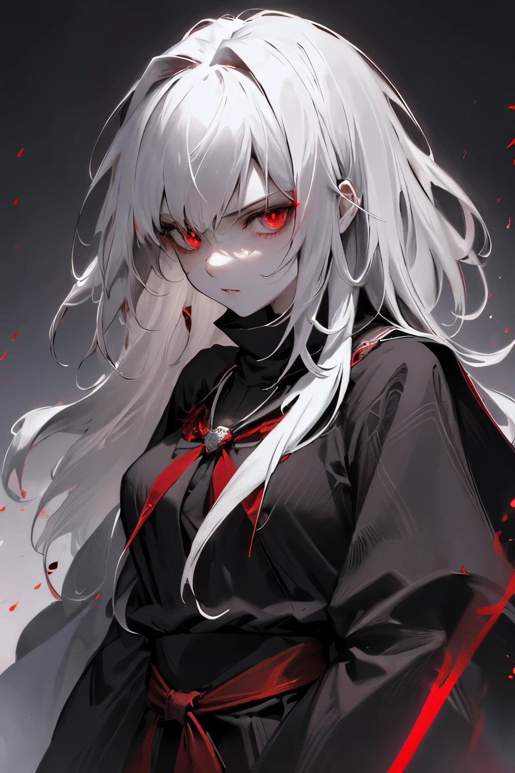 Red with sword，cloak，vampire，draw sword，whole body特写，Powerful aura，masterpiece, best quality, best quality,Astonishing,beautiful red eye,fine details,depth of field,Extremely detailed CG unified 8k wallpaper, masterpiece,(((dark white hair))),shrine maiden,(shadowy mist),{flowing hair},{thick skull},(Ruins of beautiful details),{Character close-up},(((whole body))),(The skin is smooth and shiny),(Smooth face、Radiant hair),perfect details,Beautifully gorgeous necklace,,