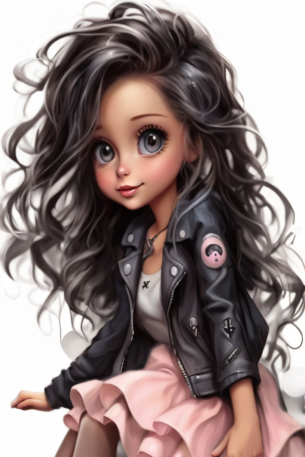 eine Nahaufnahme einer Cartoon-Puppe mit langen Haaren und einer Lederjacke, cute detailed digital art, adorable digital painting, Cartoon-Kunststyle, Niedliche digitale Kunst, Cartoon-Digitalmalerei, inspiriert von Jasmine Becket-Griffith, digitale Cartoon-Malerei, Cartoon-Digitalkunst, Cartoon-Kunst style, Realistic cute girl painting, cute piece of art, Cartoon-Kunst, Trend auf artstration, best quality