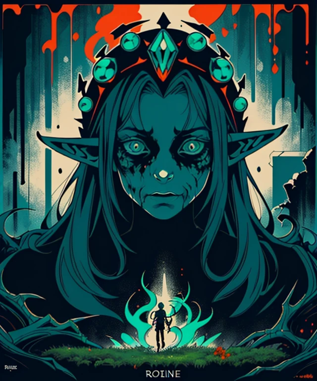 (Ink original art:1.2),(line art:1.31),Portrait male elf zombie in cellar,(depth),Huge headdress,dramatic,poster art,(hyperdefined),rotting skin,decaying tissue,(moss),orange black green,(thin line),Horror fantasy aesthetics,complex lighting,crawl,(detail:1.3),RAW format,(Limited color palette),Clean,complex