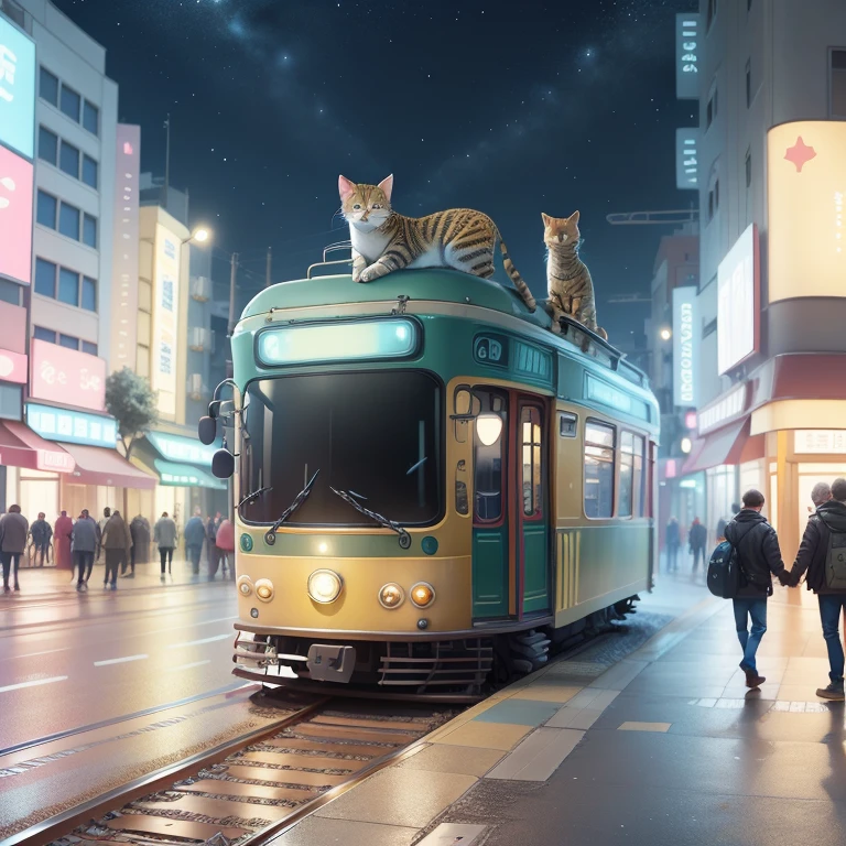color, kawaii, niedliche colorn ,science fiction, tram funny yellow tram, happy driver, Seconderlin zieht an, Kurtz Dunks Hall, Lahender, pleasure, Green City, animal, Pfrantzen, building, background, Please describe a vivid and humorous scene using a vivid cartoon tram, Die von Einem gut gelaunten Fahrer gefahren wrd. The driver should be wearing the traditional attire of a Seconderlin tram driver and have short dark brown hair. Their face should be filled with laughter, Exuding an infectious sense of enjoyment. The tram should be located in a vibrant Green City, 上面装饰着各种animal, from knowing.Second. a cat, as well as lush plants and distinctive building. city like kulistinan, Slightly less prominent than trams, and the scene should be set during daytime. The tram runs on a rail and is very yellow Victory Column of Seconderlin in the background and the Elephant Gate