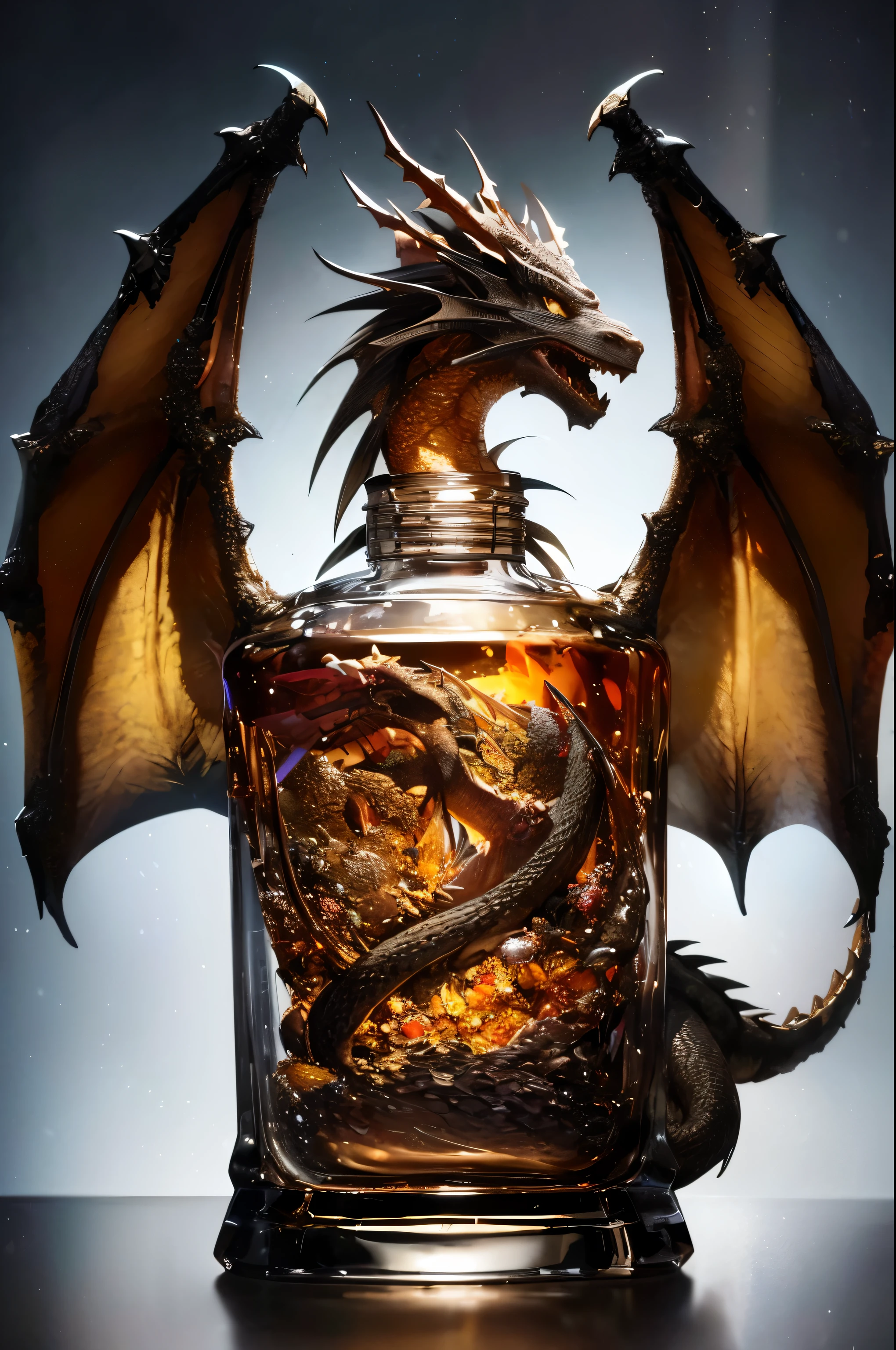 arafed dragon on a bottle of whiskey with a dragon on the top, 4 k detail fantasy, very fancy whiskey bottle, by derek zabrocki, hyper realistic ”, hyper realistic”, smaug, a hyper realistic, 40k, 4 0 k, 8k octae render photo, closeup portrait shot, ultra realistic”, ultra realistic ”, fancy whiskey bottle