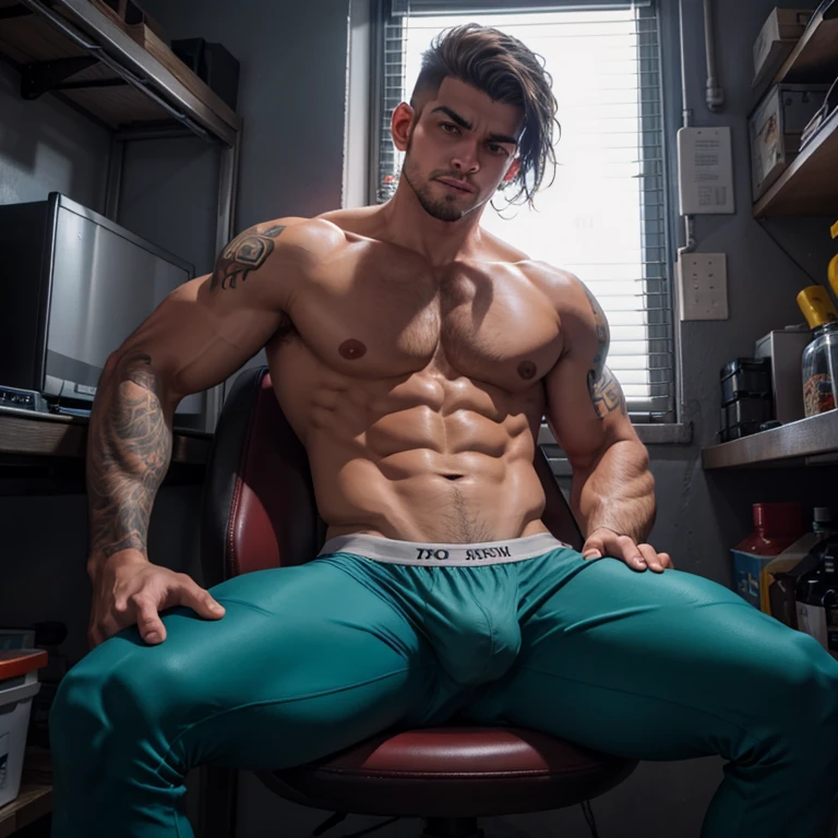 Homem jovem latino, Athletic and fit, com tatuagens de gangue no corpo e rosto, cabelo castanho claro curto raspado dos lados, olhos castanhos claros penetrantes e rosto de delinquente, only with underwear, is sitting in a cyberpunk style room.