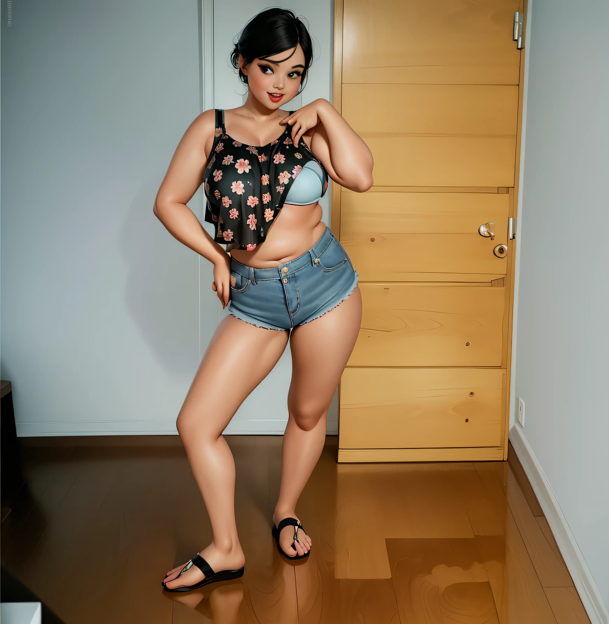 There is a woman in a bikini and panties posing for a photo, posando em uma sala, Ela tem cerca de 30 anos, hot pants, bra and streetwear shorts, pose lateral, shorts mulher corpulenta, Ela tem cerca de 30 anos, Ela tem cerca de 30 anos . Uma mulher com pele branca e cabelos escuros. Ela tem trinta anos. Seu vermelho, slightly plump lips are like a delicate flower, e ela grande, olhos encantadores parecem conter um mundo de maravilhas. Ela tem 30 anos. Your body exudes glamor and your face is the definition of beauty. pernas bem torneadas. Altamente realista, pele avermelhada, Lindo, sensual lips, pouca roupa, sorridente, feeling of lightness and joy, hiperrealismo, pele muito elaborada, olhar direto, obra de arte, Foto de alta qualidade, high resolution, 8k.
