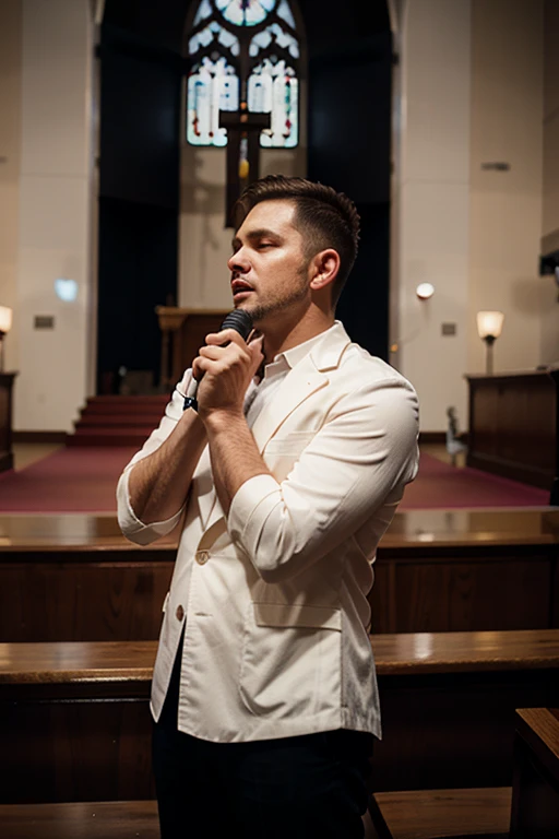 male evangelical pastor, de meia idade, IS DRESSED IN CLOTHES, SEGURANDO UM MICROFONE, AJOELHADO, CHORANDO, DENTRO DE UMA IGREJA COM UM ALTAR.