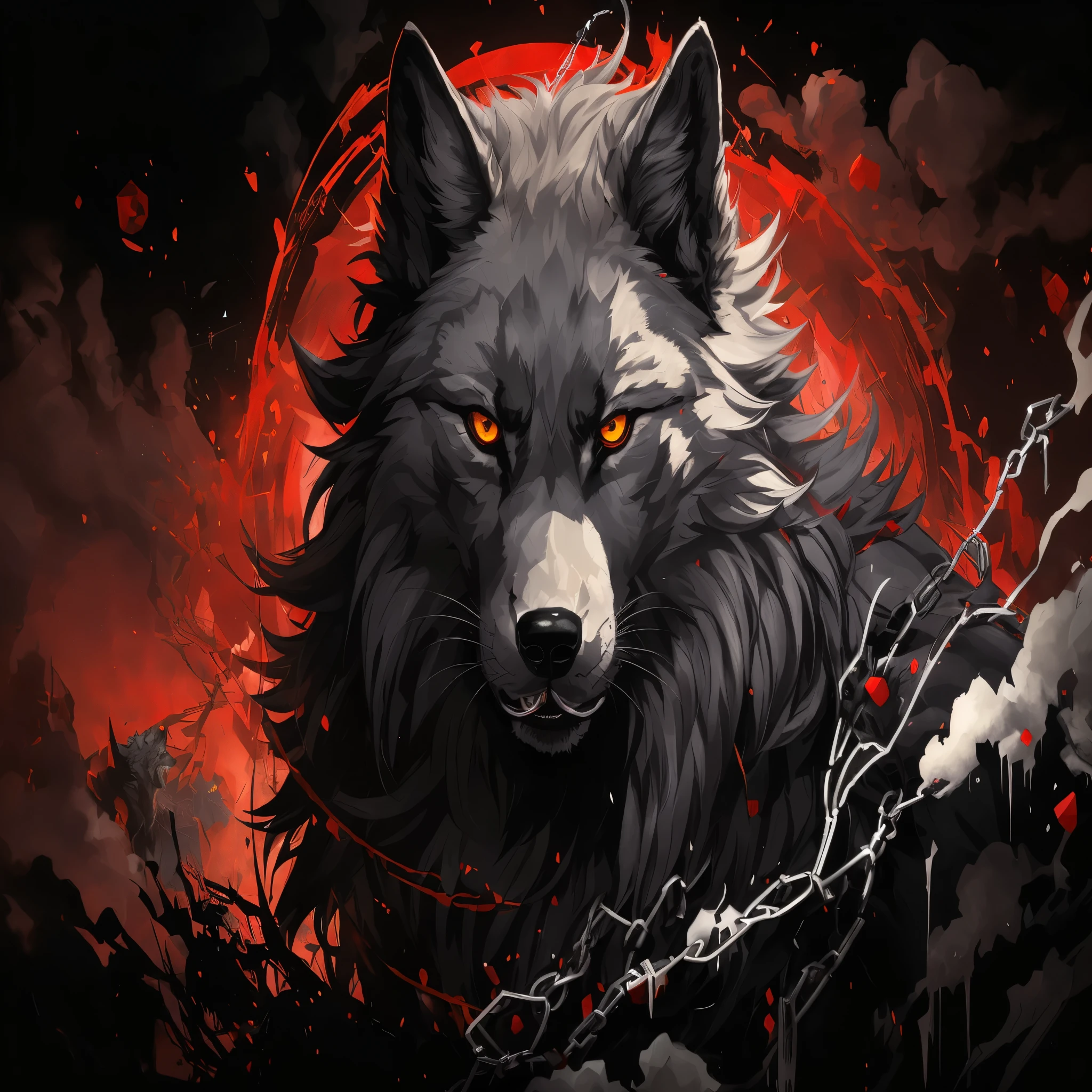 painting of a wolf with red eyes and a chain around it, fantasy wolf portrait, fenrir, wolf in hell, badass anime 8 k, striking detailed artstyle, great wolf, dark grey wolf o'donnell, he has yellow wolf eyes, wolf, black wolf, grim - wolf, wolf portrait, 4k detailed digital art, dark grey wolf