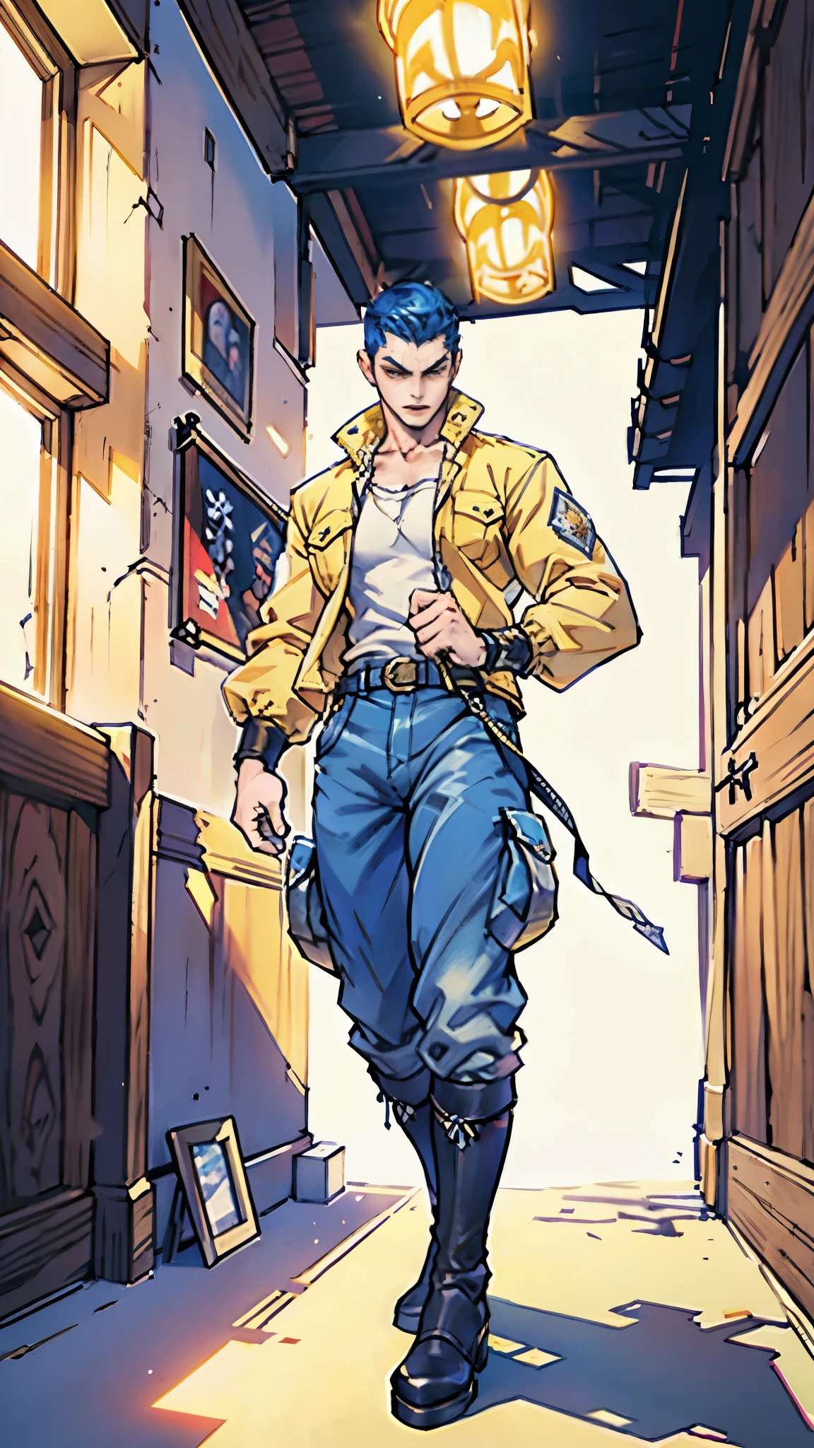 In the backdrop of an ancient fantasy-reality setting, a youth sporting a platinum crew cut displays a piercing gaze and confident demeanor. Adorned in a two-piece fusion outfit, seamlessly blending Western and Eastern influences, he wears a snug dark top paired with a vibrant yellow-blue short jacket. The lower half features loose white utility pants, and his sturdy long boots echo through the corridors of an antiquated architectural landscape. The overall aesthetic captures the essence of a refined and mature anime-inspired rogue, symmetrical face, extremely detailed eyes and face, high quality eyes, high definition, highres, ultra-fine painting, exquisite and mature, extremely delicate, professional, anatomically correct, creativity, UHD, HDR, 32k, Natural light, cinematic lighting, best shadow, masterpiece-anatomy-perfect, best quality, masterpiece, ultra-detailed