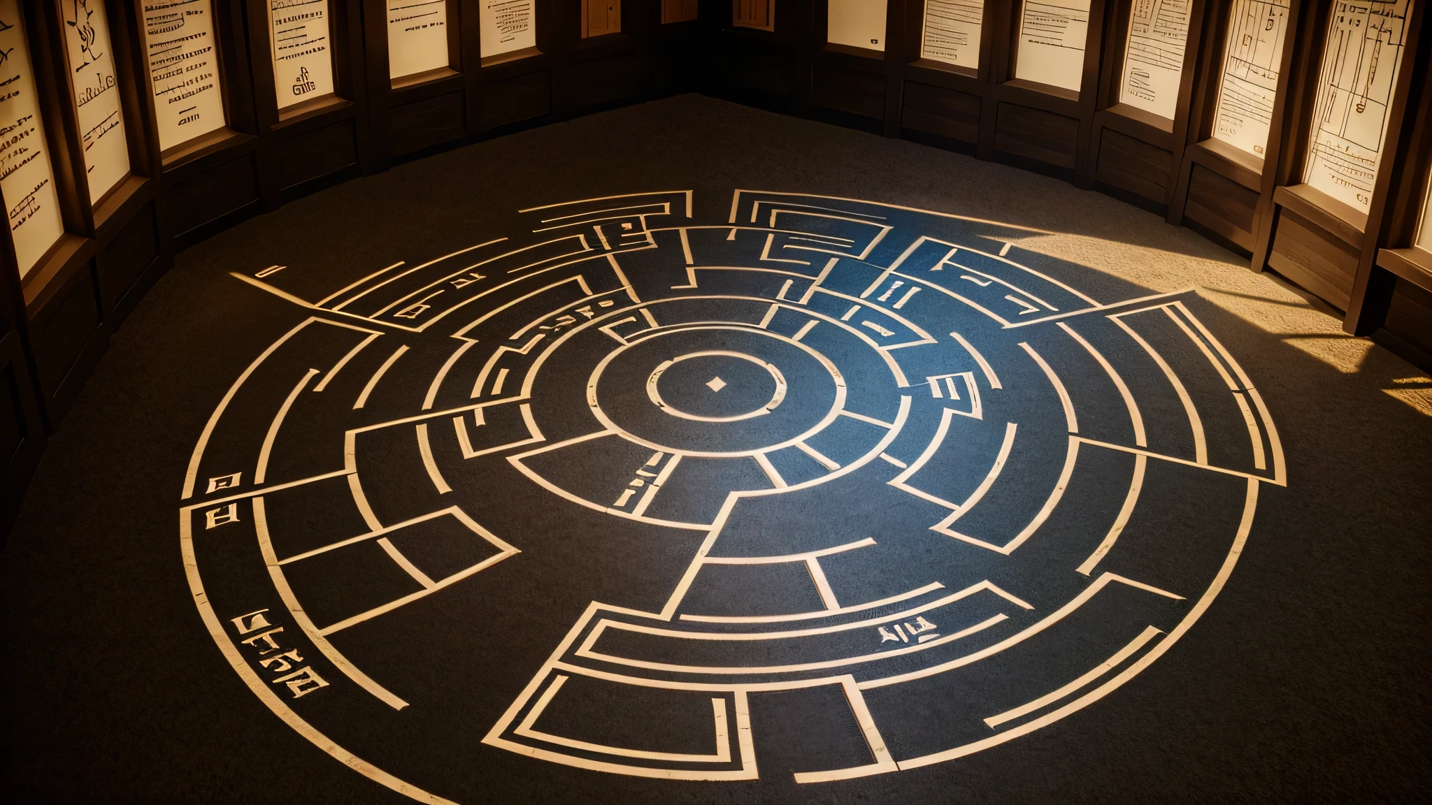 Construct a mysterious labyrinth with symbols of knowledge, emphasizing how stress can enhance learning and memory